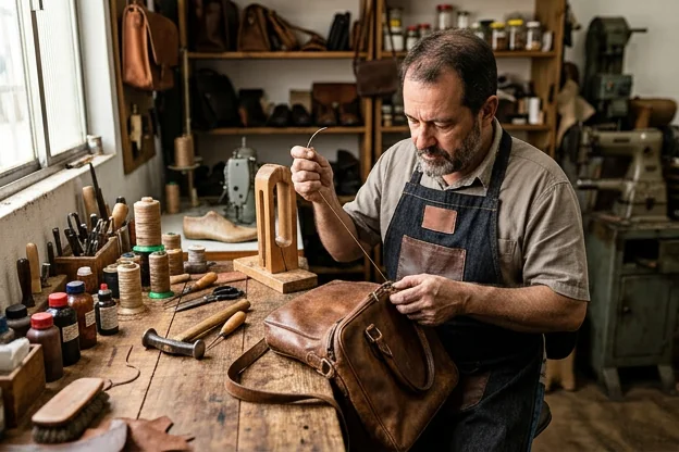 Sapateiro reformando bolsa de couro em Votorantim.