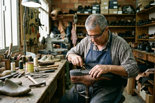 Profissional realizando a troca do solado de um sapato em Votorantim.