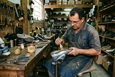 Sapateiro colando sola de um tênis em Votorantim.
